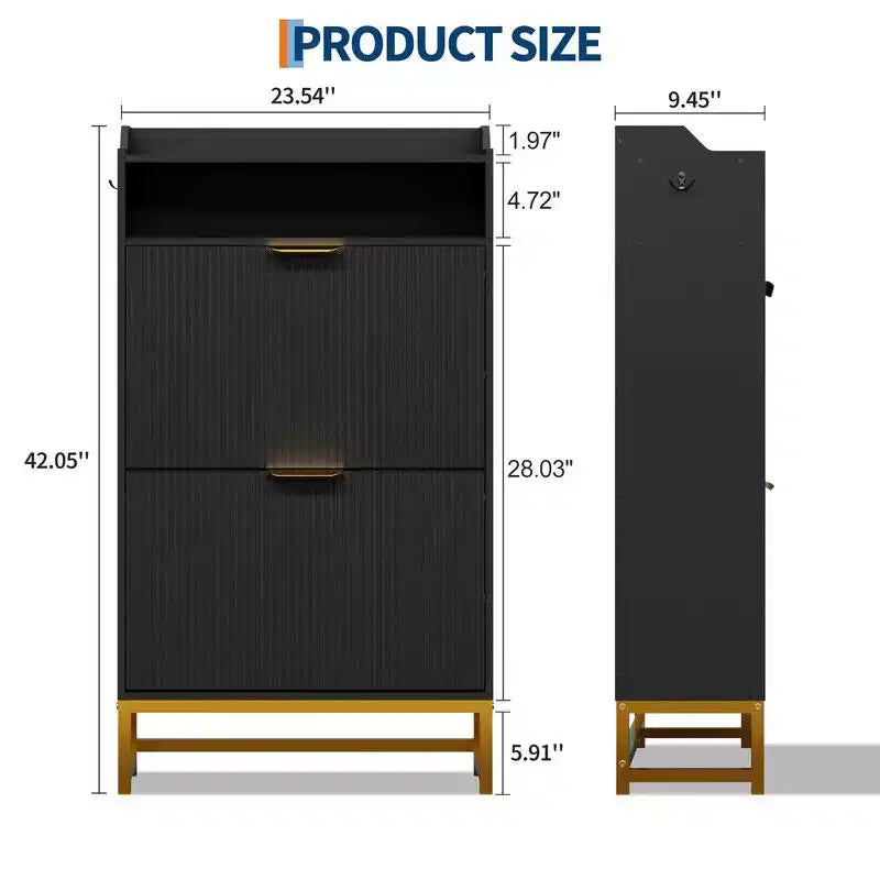 Meuble de rangement pour chaussures cannelé pour entrée, armoire à chaussures étroite en bois de 23,5 pouces avec 2 tiroirs basculants, étagère ouverte et pieds métalliques robustes