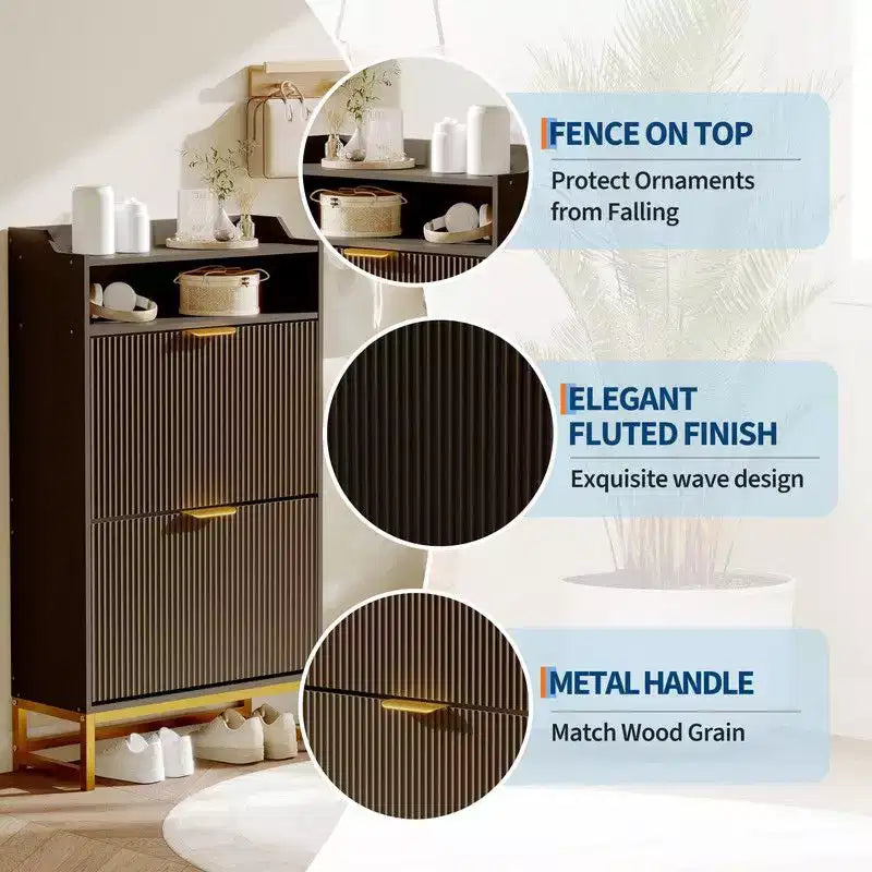 Meuble de rangement pour chaussures cannelé pour entrée, armoire à chaussures étroite en bois de 23,5 pouces avec 2 tiroirs basculants, étagère ouverte et pieds métalliques robustes