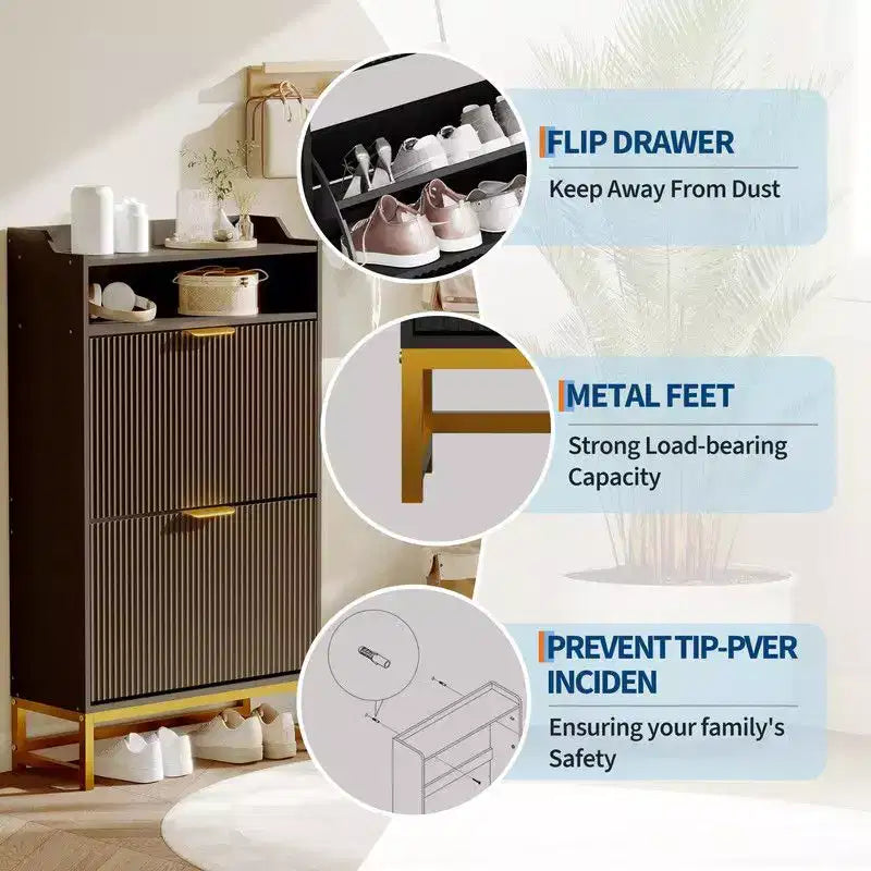 Meuble de rangement pour chaussures cannelé pour entrée, armoire à chaussures étroite en bois de 23,5 pouces avec 2 tiroirs basculants, étagère ouverte et pieds métalliques robustes