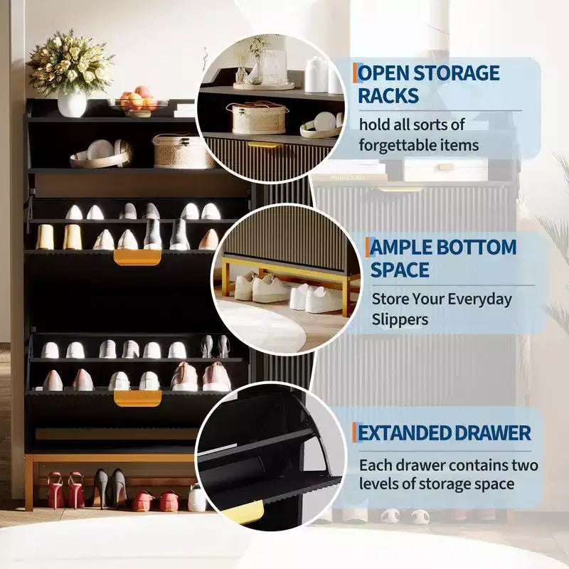 Meuble de rangement pour chaussures cannelé pour entrée, armoire à chaussures étroite en bois de 23,5 pouces avec 2 tiroirs basculants, étagère ouverte et pieds métalliques robustes