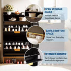 Meuble de rangement pour chaussures cannelé pour entrée, armoire à chaussures étroite en bois de 23,5 pouces avec 2 tiroirs basculants, étagère ouverte et pieds métalliques robustes