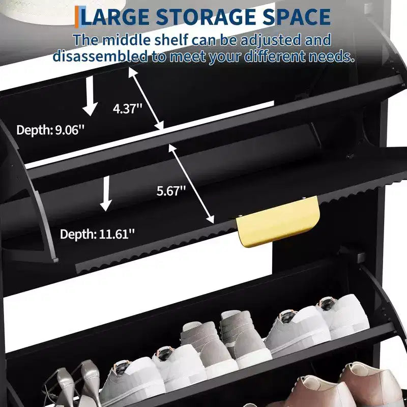 Meuble de rangement pour chaussures cannelé pour entrée, armoire à chaussures étroite en bois de 23,5 pouces avec 2 tiroirs basculants, étagère ouverte et pieds métalliques robustes