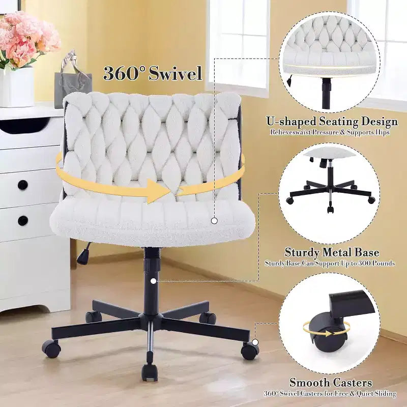 Wide Seat Office Armless Chair, Computer Task Chair for Work Meditation, Criss Cross Legged with Wheels, Desk Chair for Vanity, Home, White