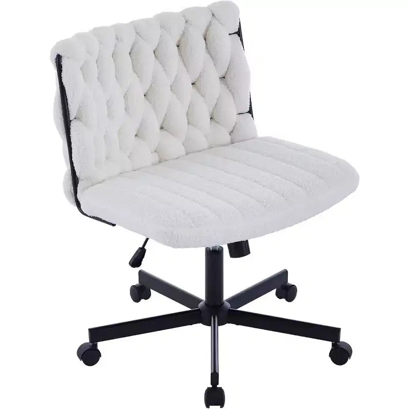 Chaise de bureau sans accoudoirs à assise large, chaise d'ordinateur pour le travail et la méditation, pieds croisés avec roulettes, chaise de bureau pour coiffeuse, maison, blanc