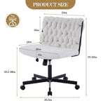 Chaise de bureau sans accoudoirs à assise large, chaise d'ordinateur pour le travail et la méditation, pieds croisés avec roulettes, chaise de bureau pour coiffeuse, maison, blanc