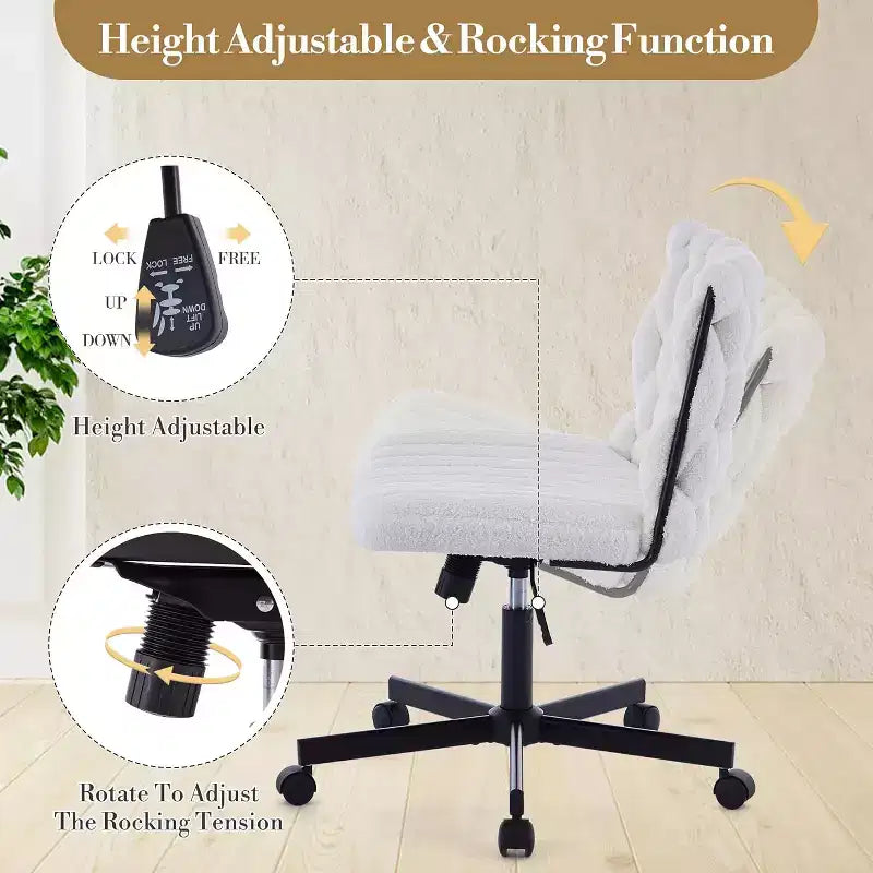 Chaise de bureau sans accoudoirs à assise large, chaise d'ordinateur pour le travail et la méditation, pieds croisés avec roulettes, chaise de bureau pour coiffeuse, maison, blanc