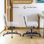 Chaise de bureau sans accoudoirs à assise large, chaise d'ordinateur pour le travail et la méditation, pieds croisés avec roulettes, chaise de bureau pour coiffeuse, maison, blanc