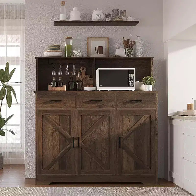 Buffet de rangement, meuble de bar à café en bois avec tiroirs, portes et étagères, buffet de ferme