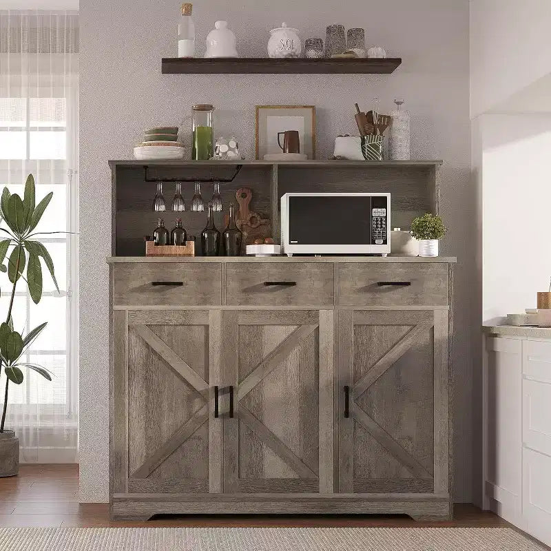 Buffet de rangement, meuble de bar à café en bois avec tiroirs, portes et étagères, buffet de ferme