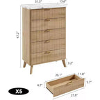 Commode cannelée avec plateau en faux marbre et 5 tiroirs profonds - commode en bois moderne de 120 cm de haut au profil incurvé pour chambre à coucher, chambre d'enfant, salon, couloir