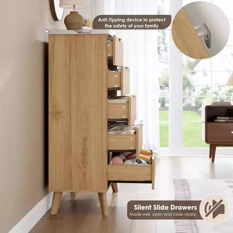 Commode cannelée avec plateau en faux marbre et 5 tiroirs profonds - commode en bois moderne de 120 cm de haut au profil incurvé pour chambre à coucher, chambre d'enfant, salon, couloir