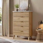 Commode cannelée avec plateau en faux marbre et 5 tiroirs profonds - commode en bois moderne de 120 cm de haut au profil incurvé pour chambre à coucher, chambre d'enfant, salon, couloir