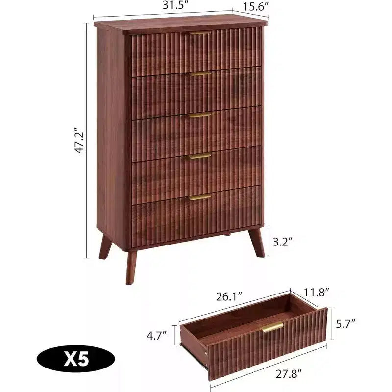Commode cannelée avec plateau en faux marbre et 5 tiroirs profonds - commode en bois moderne de 120 cm de haut au profil incurvé pour chambre à coucher, chambre d'enfant, salon, couloir