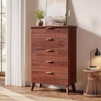 Commode cannelée avec plateau en faux marbre et 5 tiroirs profonds - commode en bois moderne de 120 cm de haut au profil incurvé pour chambre à coucher, chambre d'enfant, salon, couloir
