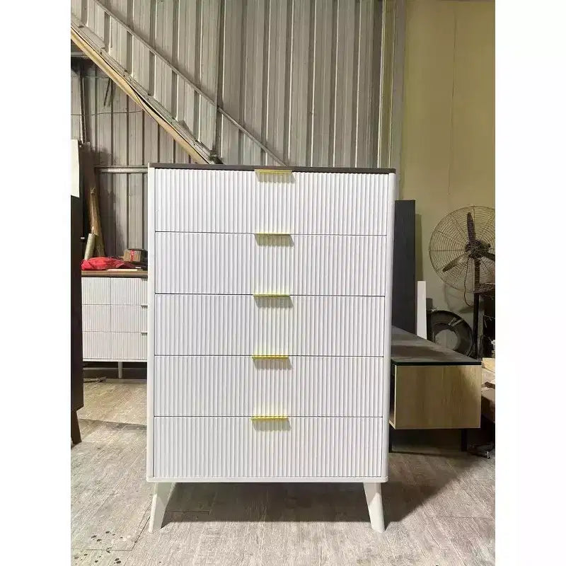 Commode cannelée avec plateau en faux marbre et 5 tiroirs profonds - commode en bois moderne de 120 cm de haut au profil incurvé pour chambre à coucher, chambre d'enfant, salon, couloir