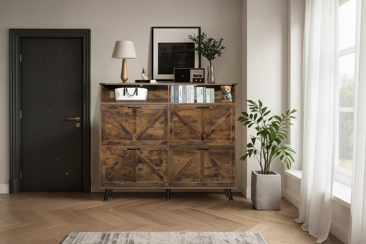 TruAIR 4-Drawer Shoe Cabinet with Bench- Freestanding Entryway Organizer with Double Layer Metal Legs