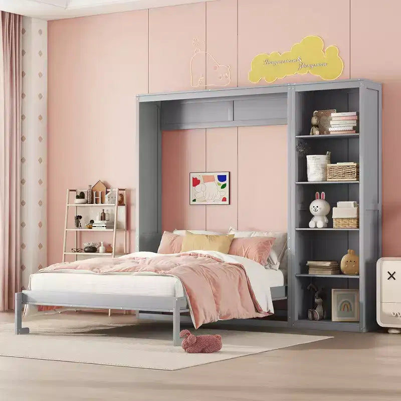 Full/Queen Murphy Bed Wall Bed with Shelves, Space-Saving Murphy Bed Cabinet for Guest Room Home Office