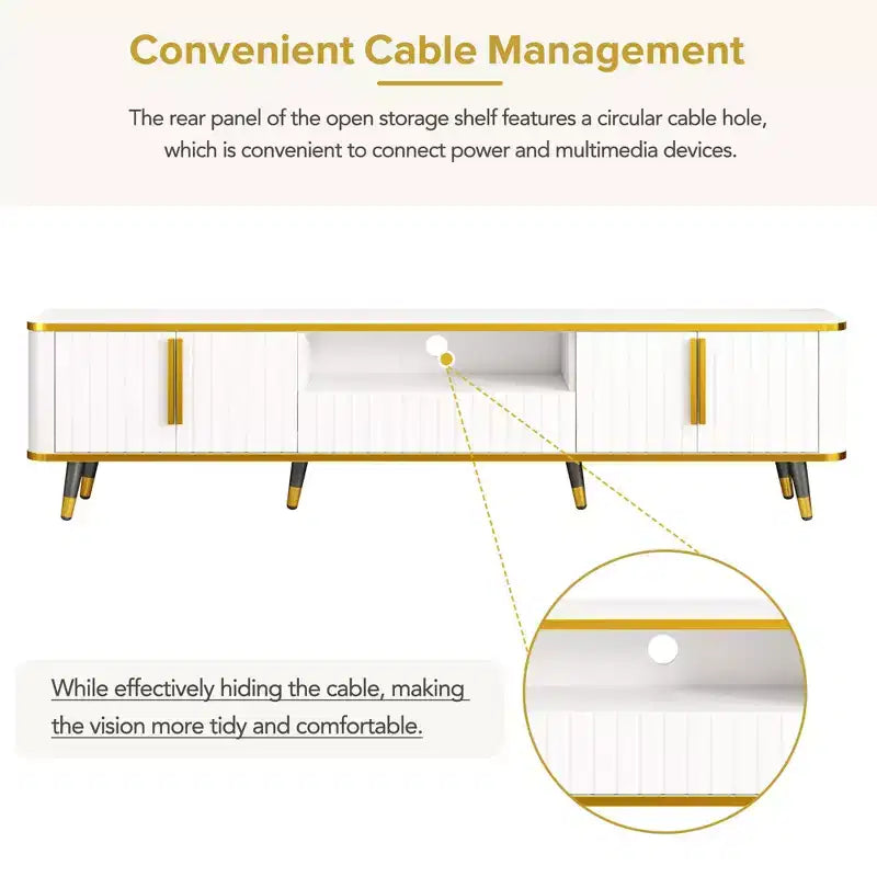 Meuble TV de Luxe Minimaliste de 85 pouces, Meuble TV Moderne du Milieu du Siècle avec Étagère de Rangement Ouverte, Table Console TV avec Armoires et Tiroirs