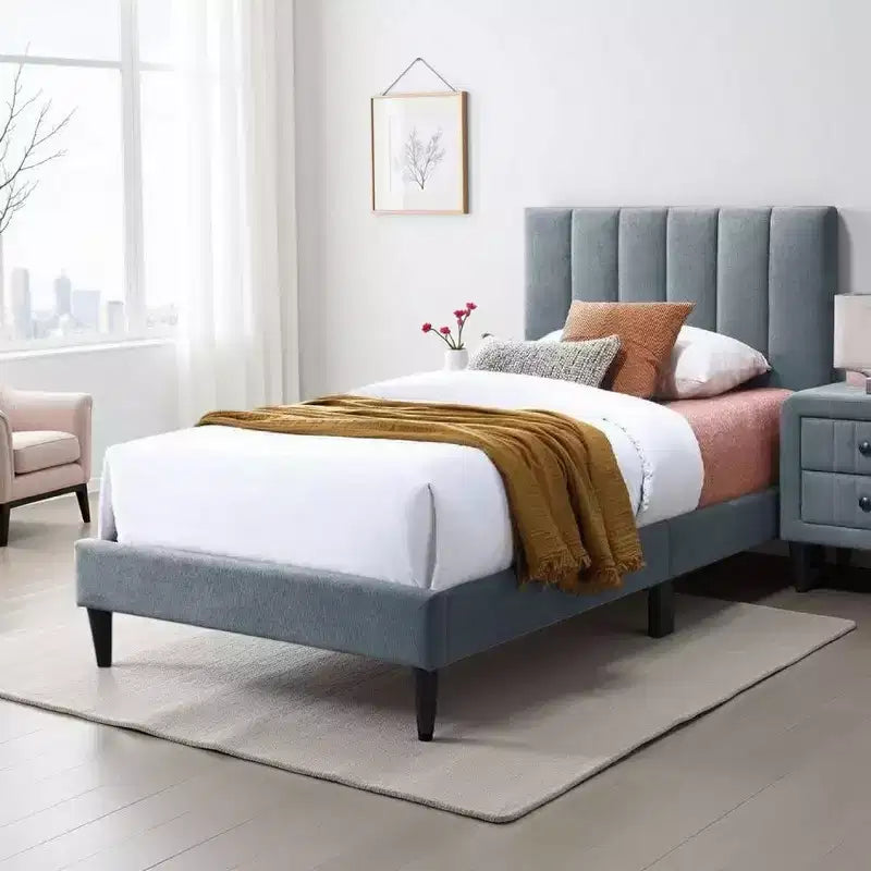 Royal Hampton Twin Bed, Soft Channel Tufted Light Gray Linen Upholstery