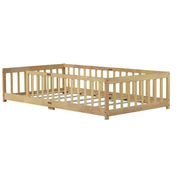 Lit au sol jumeau Bellemave avec clôture, cadre de lit Montessori en bois d'hévéa massif pour enfants, design discret avec lattes, finition naturelle