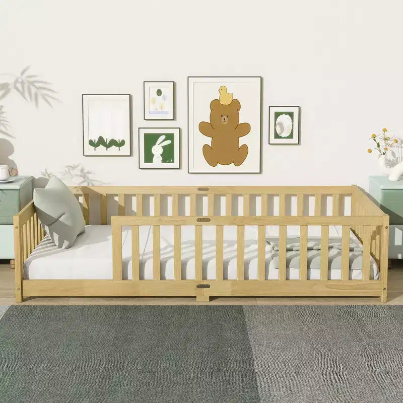 Lit au sol jumeau Bellemave avec clôture, cadre de lit Montessori en bois d'hévéa massif pour enfants, design discret avec lattes, finition naturelle