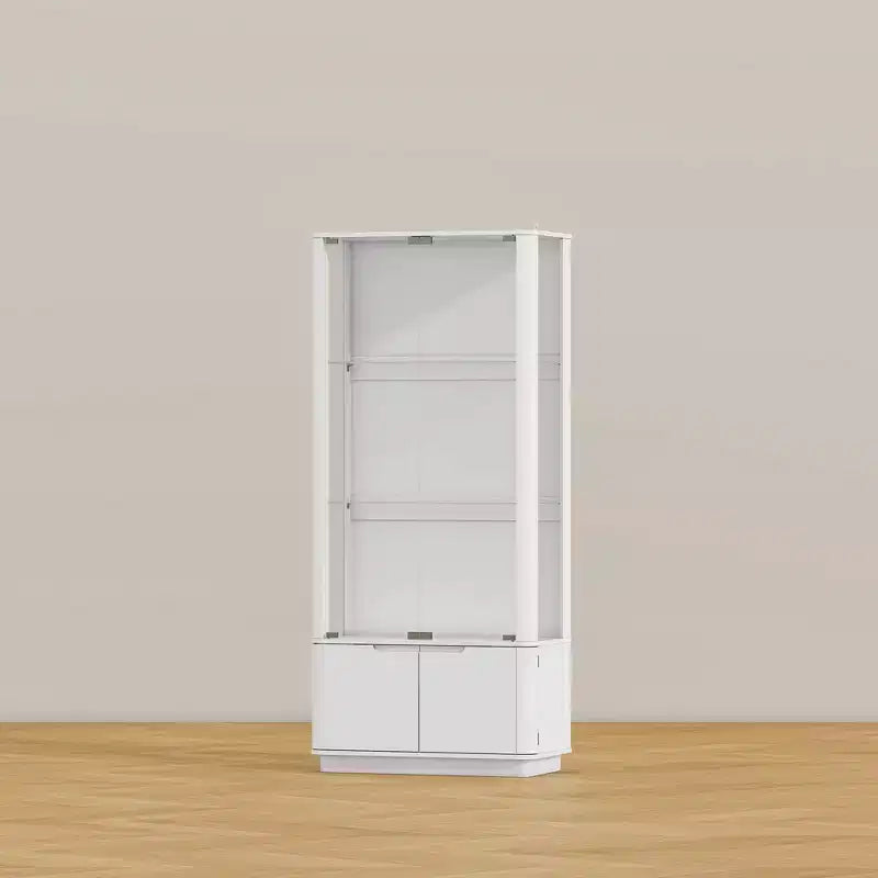 Vitrine blanche avec verre trempé et spot supérieur, bibliothèque minimaliste, présentoir et rangement pour objets de collection, pour bureau/étude/salon