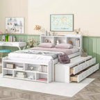MAYEERTY Lit double en bois massif avec tête de lit bibliothèque, tiroirs de rangement sous le lit et coffre de rangement en bout de lit pour chambre à coucher, blanc