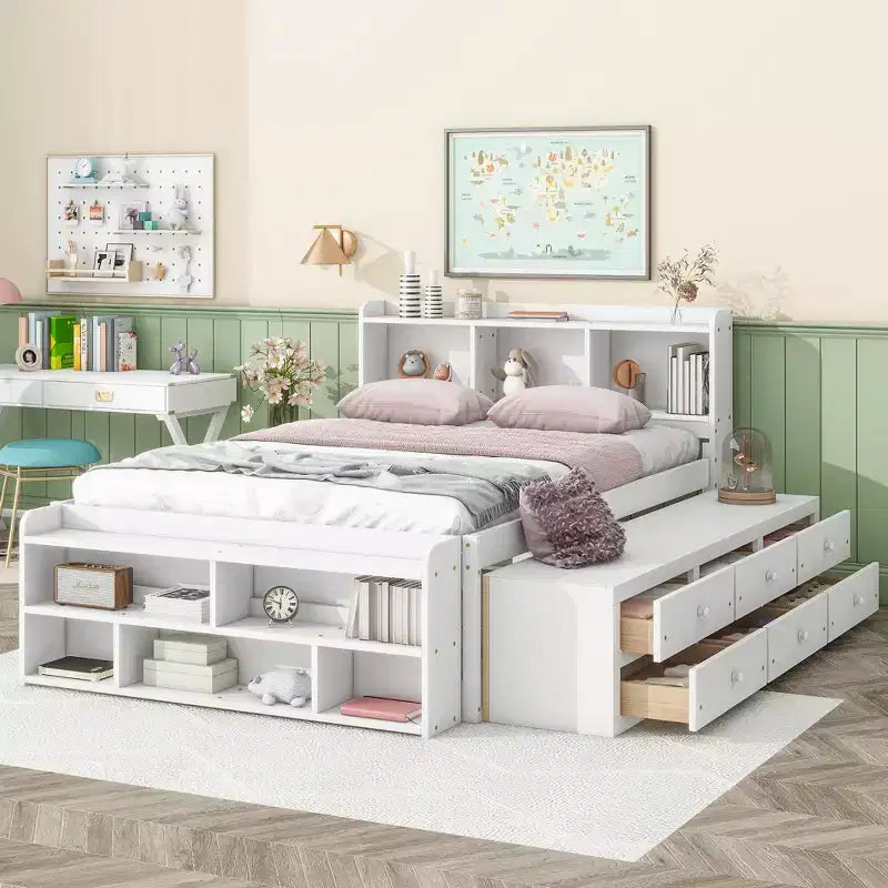 MAYEERTY Lit double en bois massif avec tête de lit bibliothèque, tiroirs de rangement sous le lit et coffre de rangement en bout de lit pour chambre à coucher, blanc