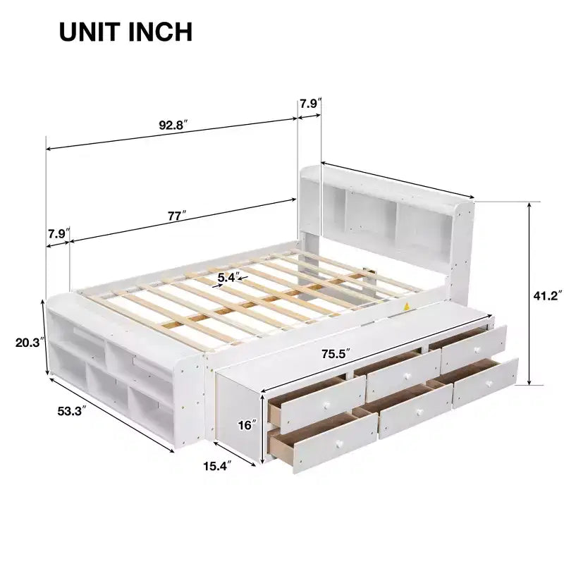 MAYEERTY Lit double en bois massif avec tête de lit bibliothèque, tiroirs de rangement sous le lit et coffre de rangement en bout de lit pour chambre à coucher, blanc