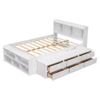 MAYEERTY Lit double en bois massif avec tête de lit bibliothèque, tiroirs de rangement sous le lit et coffre de rangement en bout de lit pour chambre à coucher, blanc