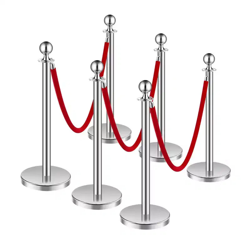VEVOR Stanchions and Velvet Ropes 6Pcs, Hollow Base with Stainless Steel Post, 3 Red Velvet Ropes and Posts, Crowd Control Barriers Stanchions,Silver