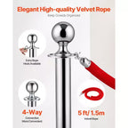 VEVOR Poteaux de Guidage et Cordons Velours 6 Pièces, Base Creuse avec Poteau en Acier Inoxydable, 3 Cordons Velours Rouges et Poteaux, Poteaux de Contrôle de Foule, Argent