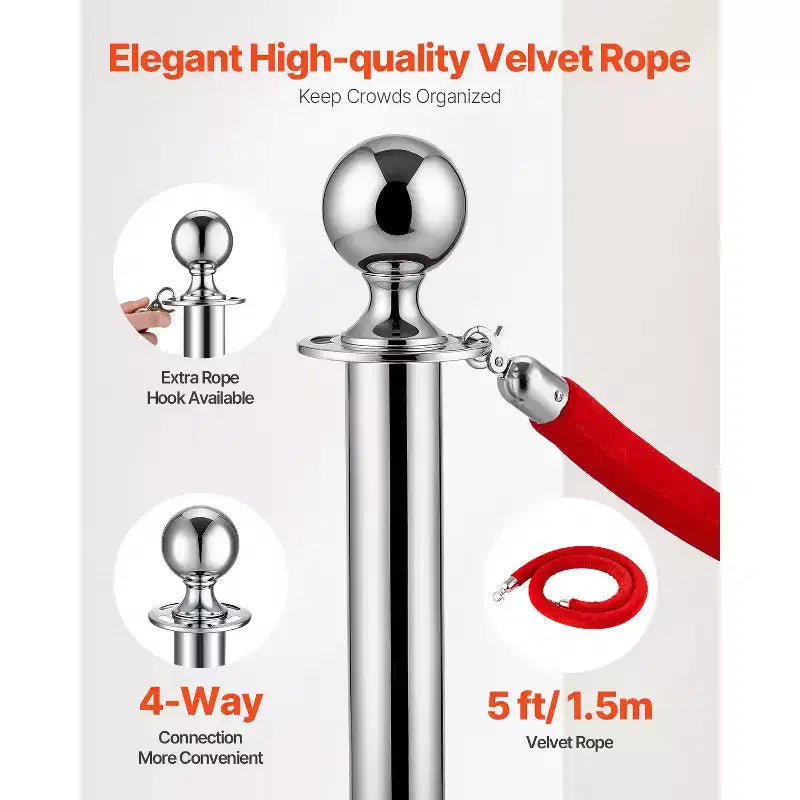 VEVOR Poteaux de Guidage et Cordons Velours 6 Pièces, Base Creuse avec Poteau en Acier Inoxydable, 3 Cordons Velours Rouges et Poteaux, Poteaux de Contrôle de Foule, Argent