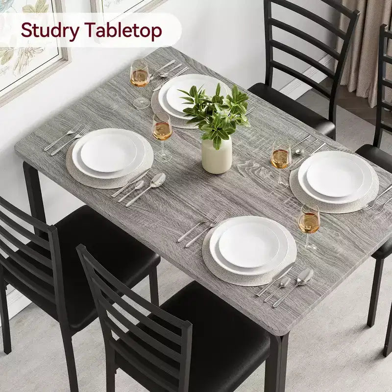 Ensemble de 5 chaises de salle à manger avec table de cuisine, structure en métal et plateau en bois, table à dîner carrée, montage facile, pour la maison