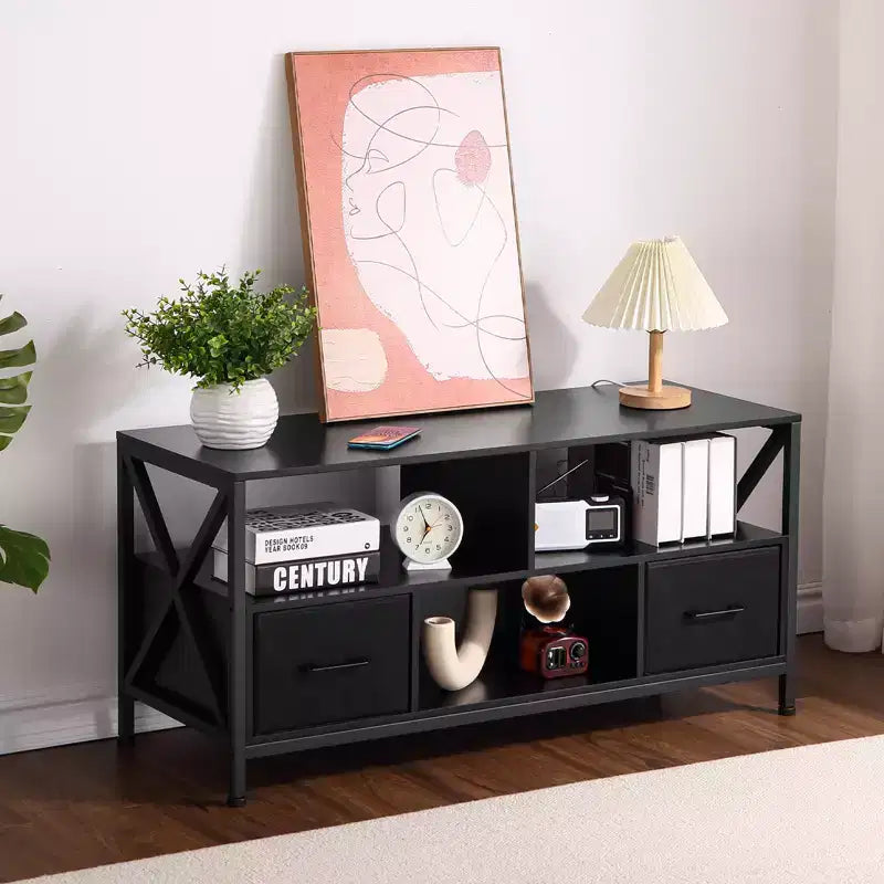 Meuble TV en Fer, Bois et Tissu – Grande Taille, Tiroirs en Tissu Élégants, Cadre Robuste en Fer et Bois, Rangement Spacieux, Design Moderne