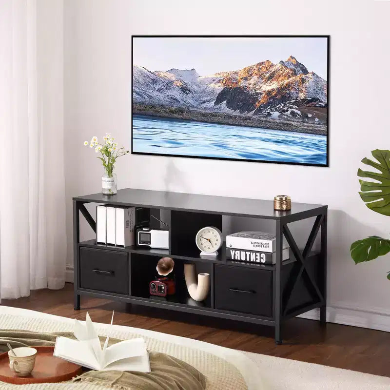 Meuble TV en Fer, Bois et Tissu – Grande Taille, Tiroirs en Tissu Élégants, Cadre Robuste en Fer et Bois, Rangement Spacieux, Design Moderne