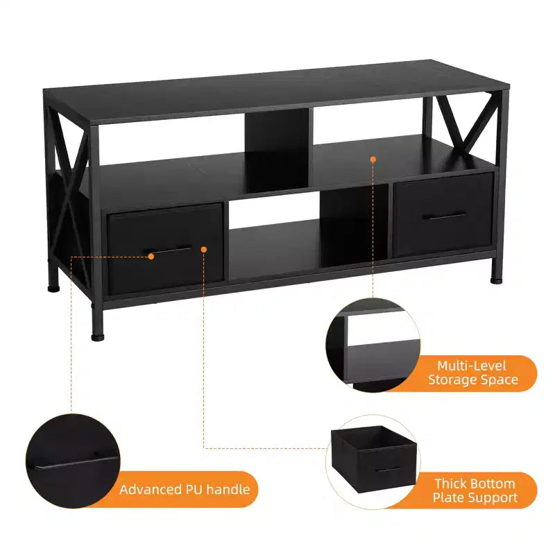 Meuble TV en Fer, Bois et Tissu – Grande Taille, Tiroirs en Tissu Élégants, Cadre Robuste en Fer et Bois, Rangement Spacieux, Design Moderne