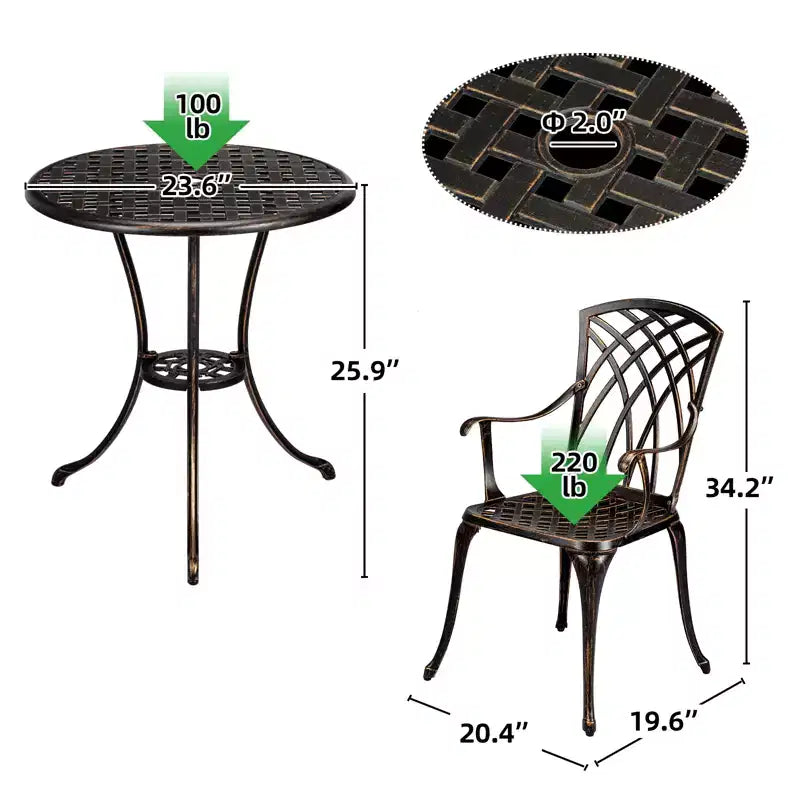 COZONY Ensemble de Bistro 3 Pièces en Aluminium Coulé pour Patio, Table et Chaises avec Trou pour Parapluie, Pieds Réglables, Noir et Bronze