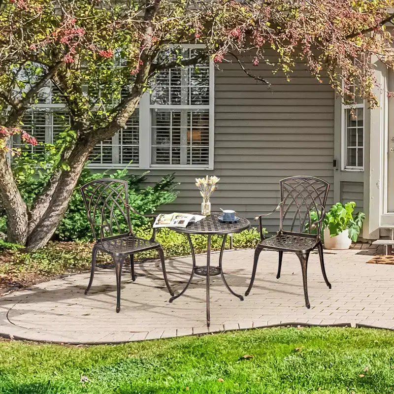 COZONY Ensemble de Bistro 3 Pièces en Aluminium Coulé pour Patio, Table et Chaises avec Trou pour Parapluie, Pieds Réglables, Noir et Bronze