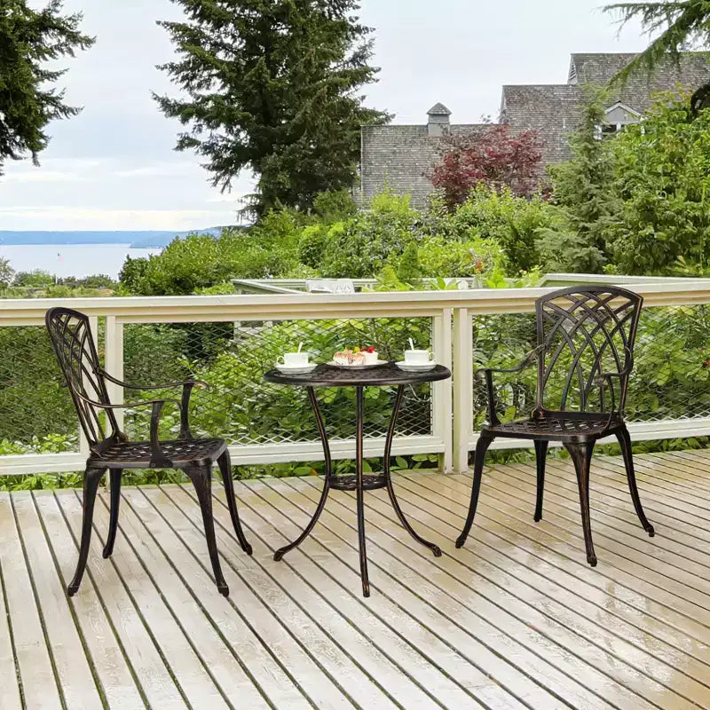 COZONY Ensemble de Bistro 3 Pièces en Aluminium Coulé pour Patio, Table et Chaises avec Trou pour Parapluie, Pieds Réglables, Noir et Bronze