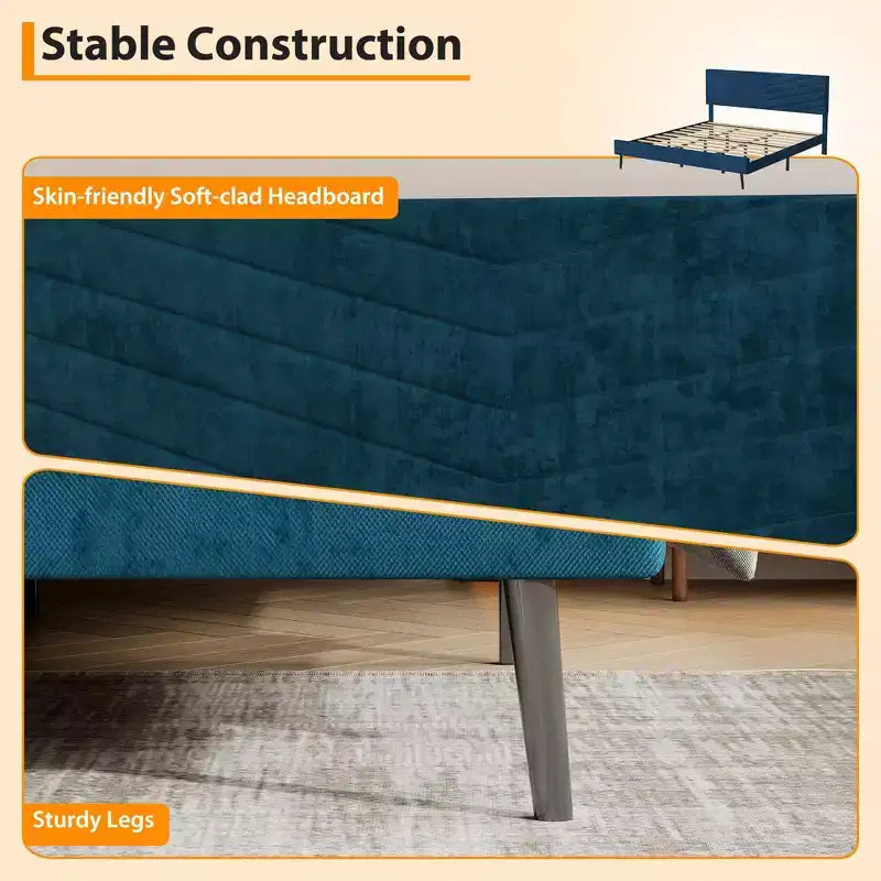 Cadre de lit king-size, lit plateforme capitonné en velours, cadre de lit de style moderne, support à lattes, tête de lit réglable, aucun sommier tapissier requis