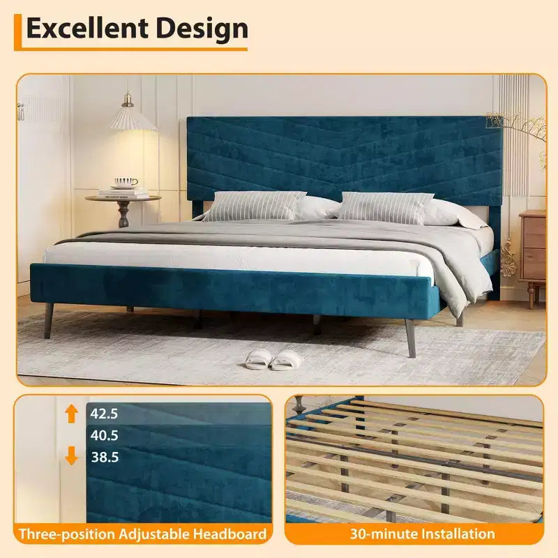 Cadre de lit king-size, lit plateforme capitonné en velours, cadre de lit de style moderne, support à lattes, tête de lit réglable, aucun sommier tapissier requis