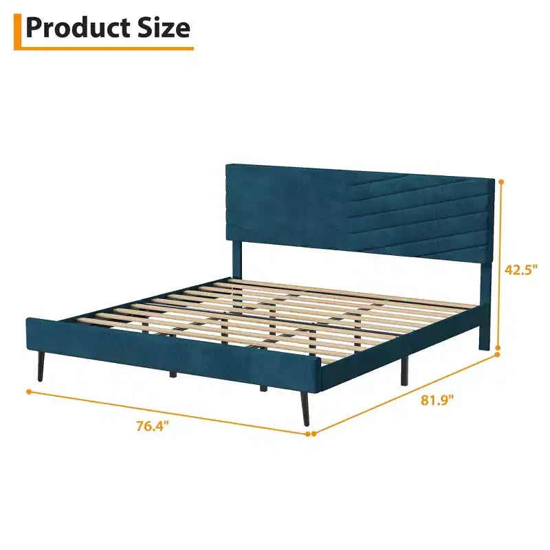 Cadre de lit king-size, lit plateforme capitonné en velours, cadre de lit de style moderne, support à lattes, tête de lit réglable, aucun sommier tapissier requis