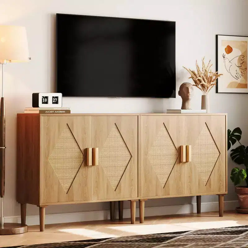 Meuble de rangement GustoWave avec 2 portes décorées en rotin, buffet, meuble d'appoint pour salon, salle à manger, entrée
