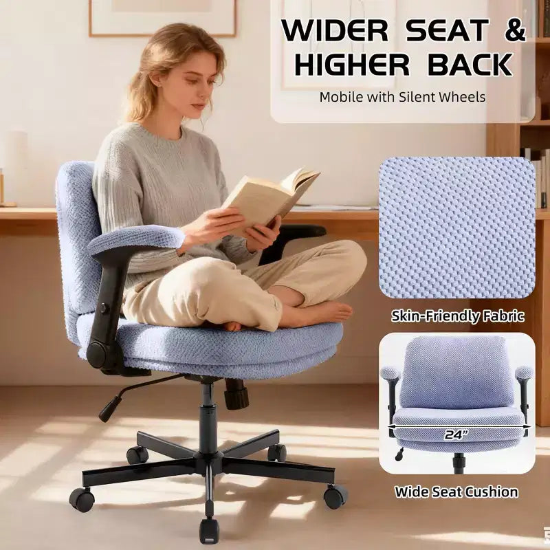 Chaise Criss-Cross à accoudoirs relevables sur roulettes avec coussin épais, siège large, bureau pivotant pour maison/appartement/chambre