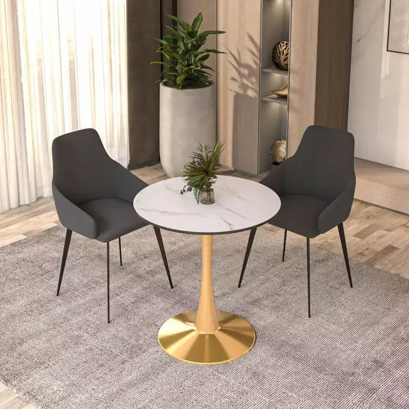 Table à manger ronde LeisureMod Bristol 24, dessus en MDF moderne et table d'appoint à piédestal doré pour café ou salle à manger