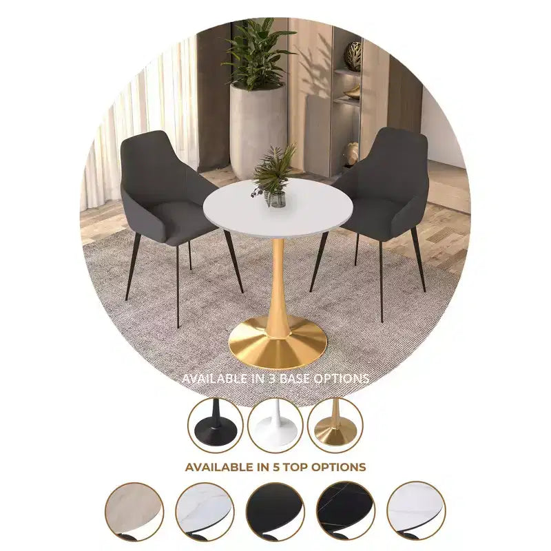 Table à manger ronde LeisureMod Bristol 24, dessus en MDF moderne et table d'appoint à piédestal doré pour café ou salle à manger