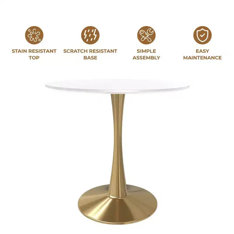 Table à manger ronde LeisureMod Bristol 24, dessus en MDF moderne et table d'appoint à piédestal doré pour café ou salle à manger