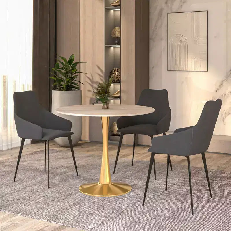 Table à manger ronde LeisureMod Bristol 24, dessus en MDF moderne et table d'appoint à piédestal doré pour café ou salle à manger