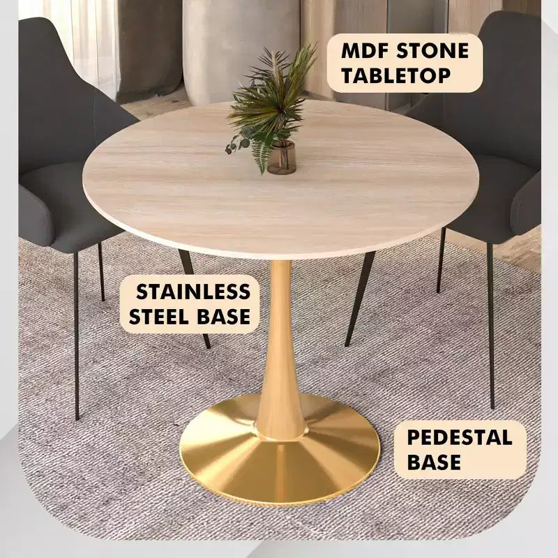 Table à manger ronde LeisureMod Bristol 24, dessus en MDF moderne et table d'appoint à piédestal doré pour café ou salle à manger